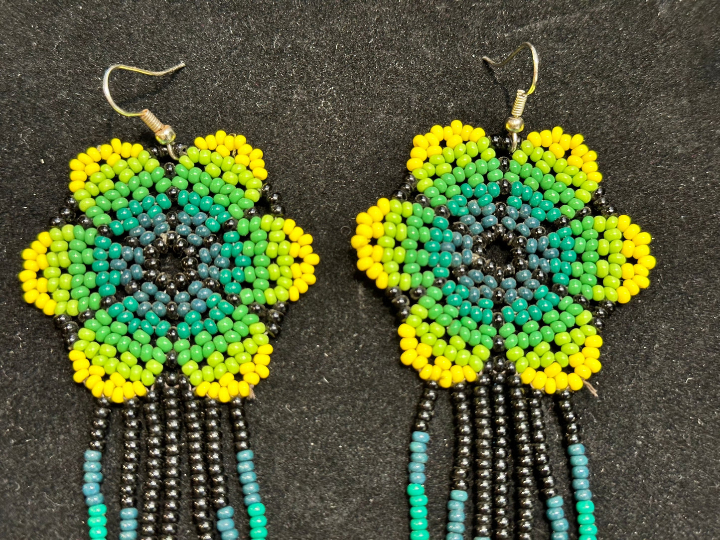Beaded Flower Brazilian Indigenous Tribal Earrings | Hand Crafted Green & Yellow - Avanti Body Jewelry