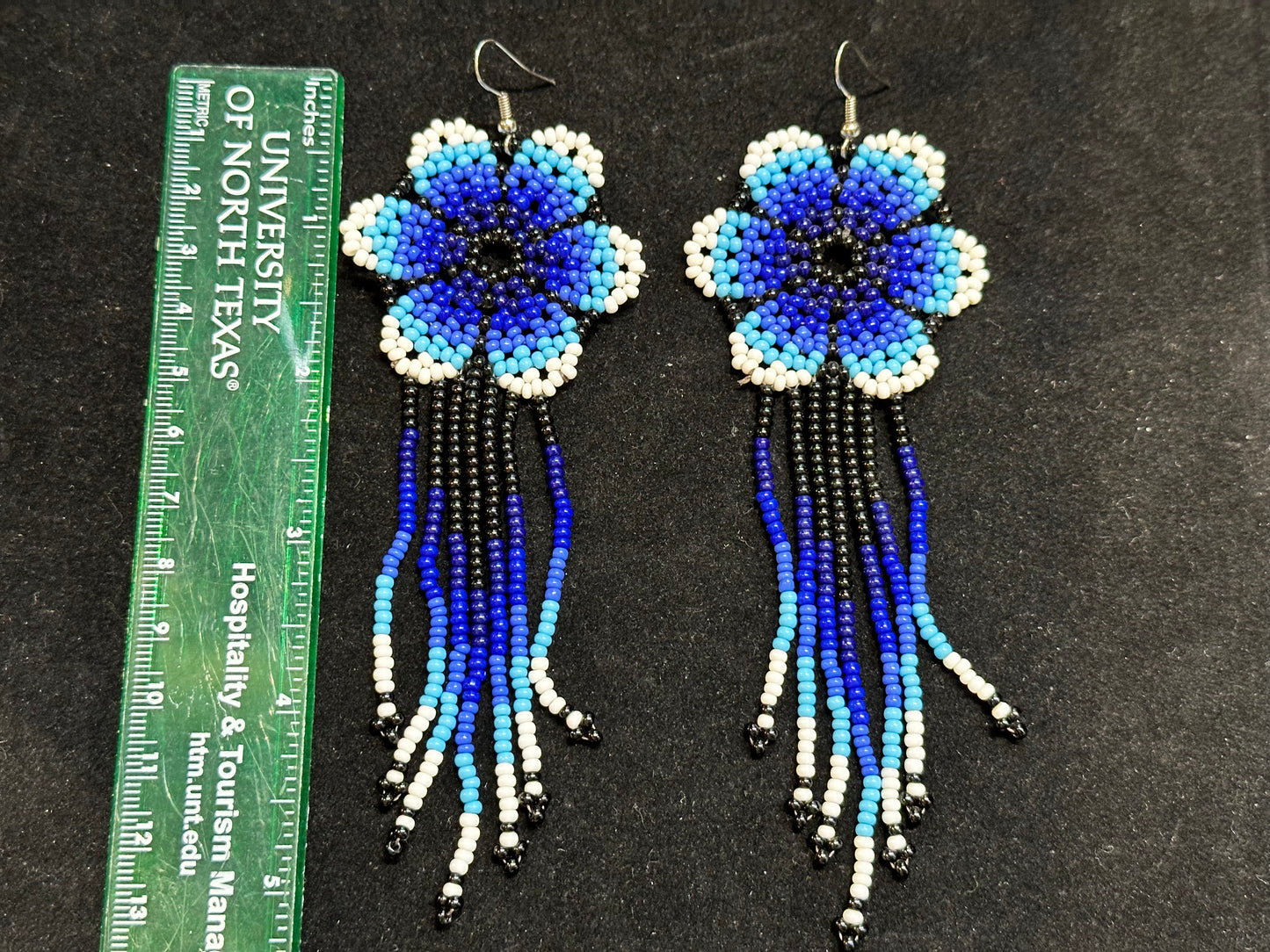 Beaded Flower Brazilian Indigenous Tribal Earrings | Hand Crafted Blue & White - Avanti Body Jewelry