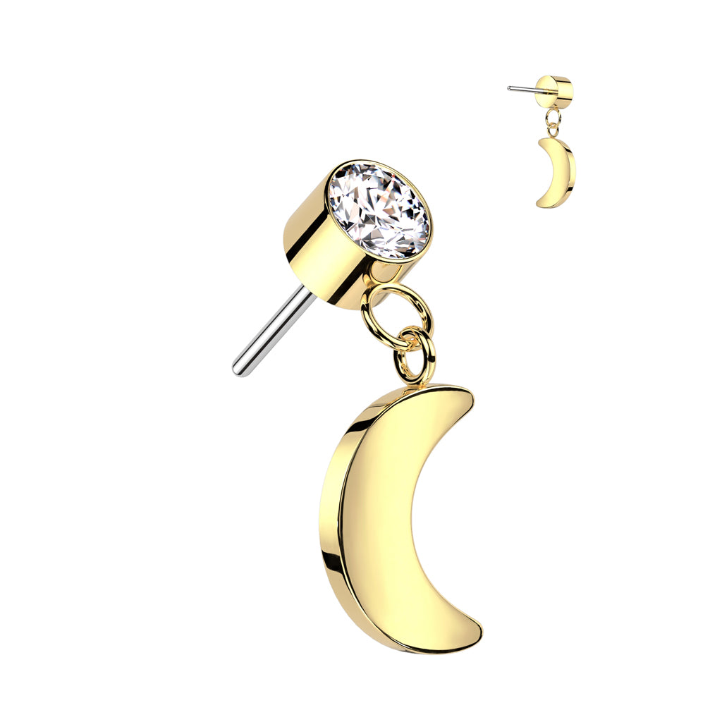 Bezel Set Gem w/ Crescent Moon Dangle | Titanium Threadless Top For Ears, Nose, & Lips