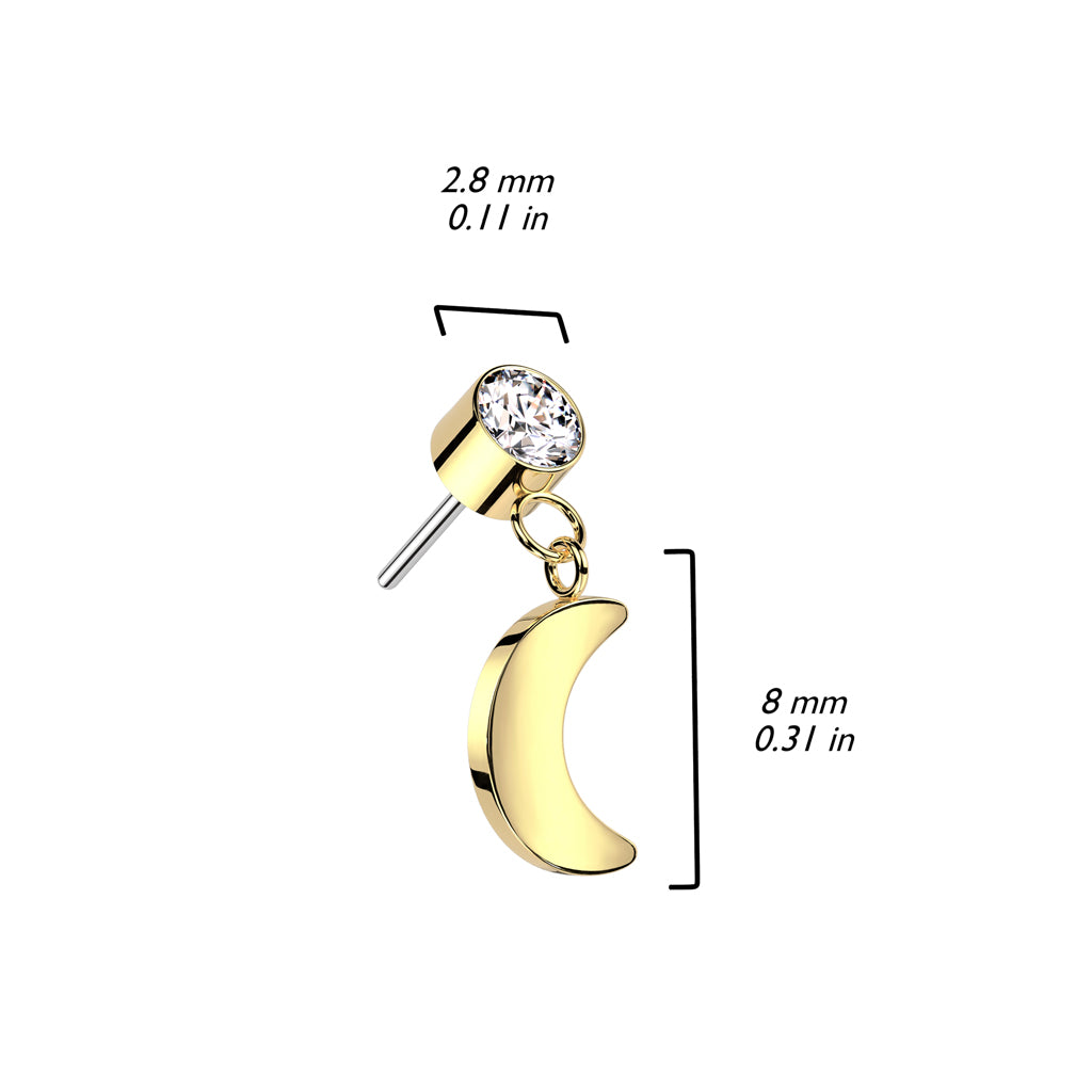 Bezel Set Gem w/ Crescent Moon Dangle | Titanium Threadless Top For Ears, Nose, & Lips