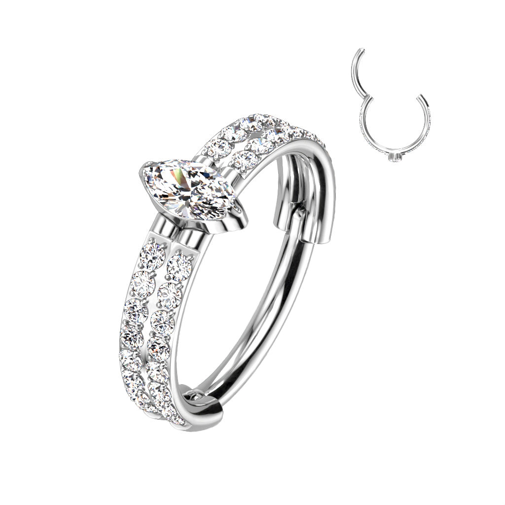 Double Gem Row w/ Marquise Center Hinged Ring | Titanium Clicker Segment Hoop Ring
