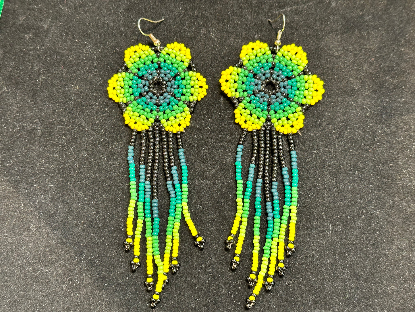 Beaded Flower Brazilian Indigenous Tribal Earrings | Hand Crafted Green & Yellow