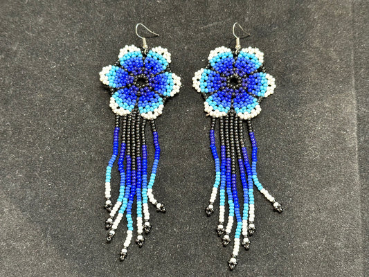 Beaded Flower Brazilian Indigenous Tribal Earrings | Hand Crafted Blue & White