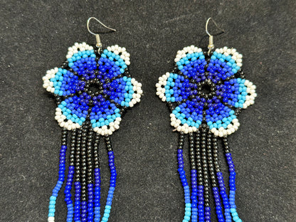 Beaded Flower Brazilian Indigenous Tribal Earrings | Hand Crafted Blue & White