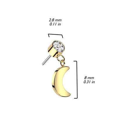 Bezel Set Gem w/ Crescent Moon Dangle | Titanium Threadless Top For Ears, Nose, & Lips - Avanti Body Jewelry