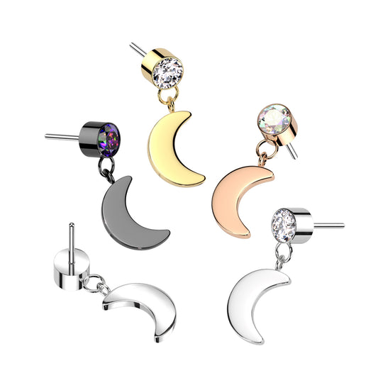 Bezel Set Gem w/ Crescent Moon Dangle | Titanium Threadless Top For Ears, Nose, & Lips - Avanti Body Jewelry