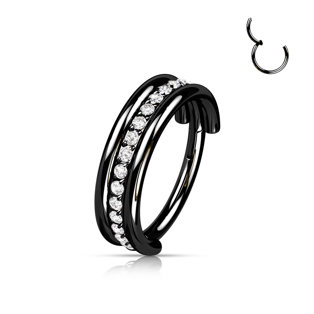 Hinged Double Banded Gemmed Ring | Titanium Clicker Segment Hoop Ring