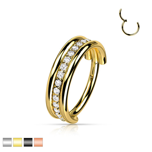 Hinged Double Banded Gemmed Ring | Titanium Clicker Segment Hoop Ring - Avanti Body Jewelry