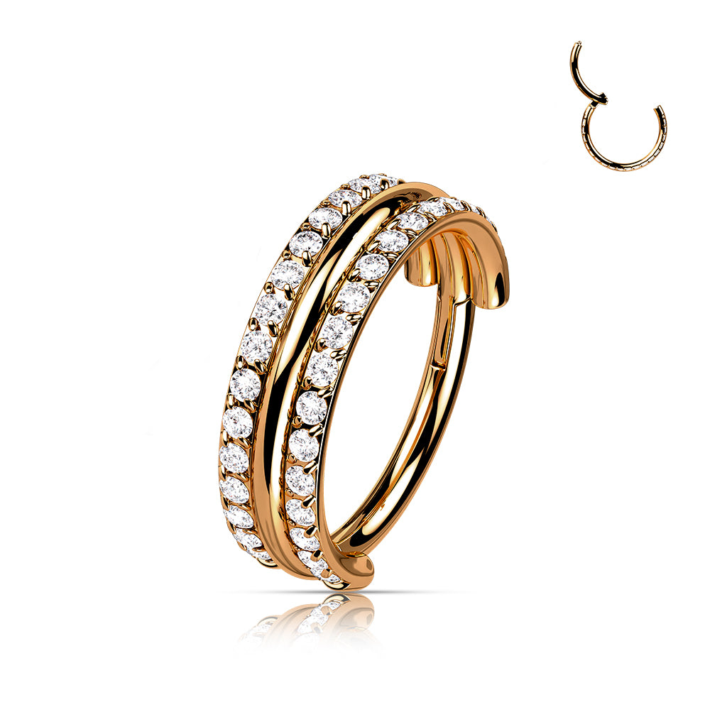 Hinged Double Row Gemmed & Band Ring | Titanium Clicker Segment Hoop Ring
