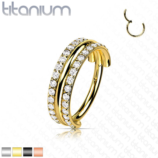 Hinged Double Row Gemmed & Band Ring | Titanium Clicker Segment Hoop Ring - Avanti Body Jewelry