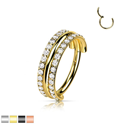 Hinged Double Row Gemmed & Band Ring | Titanium Clicker Segment Hoop Ring