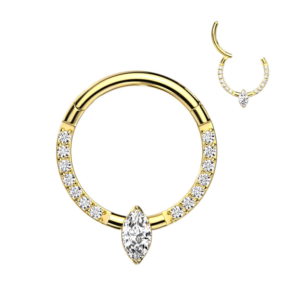 Gorgeous Front Gem Clicker w/ Marquise Center Gem | Titanium Clicker Segment Hoop Ring - Avanti Body Jewelry