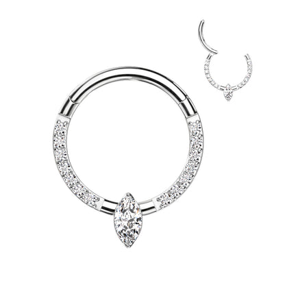 Gorgeous Front Gem Clicker w/ Marquise Center Gem | Titanium Clicker Segment Hoop Ring - Avanti Body Jewelry
