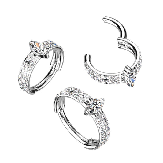 Double Gem Row w/ Marquise Center Hinged Ring | Titanium Clicker Segment Hoop Ring - Avanti Body Jewelry