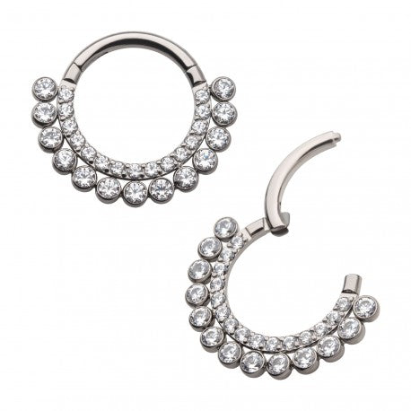 Hinged Ring Double Row Front Facing CZ w/ Beads | Titanium Clicker Segment Hoop Ring - Avanti Body Jewelry