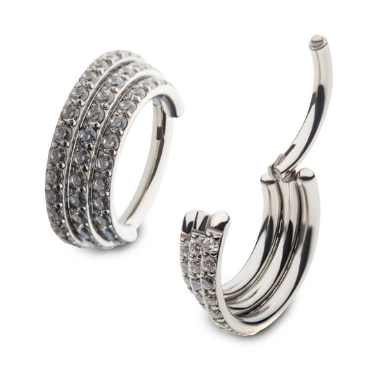 Hinged Ring Triple Row w/ CZ | Titanium Clicker Segment Hoop Ring - Avanti Body Jewelry