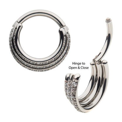 Hinged Ring Triple Row w/ CZ | Titanium Clicker Segment Hoop Ring