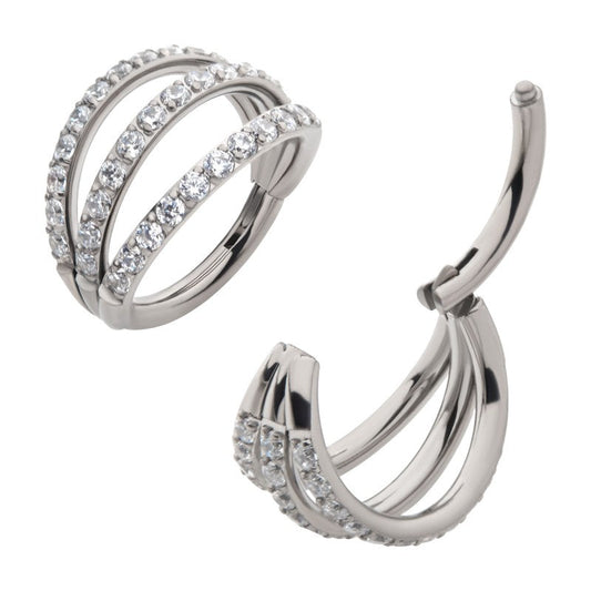 Hinged Ring Triple Fan w/ Side-Facing CZ | Titanium Clicker Segment Hoop Ring - Avanti Body Jewelry