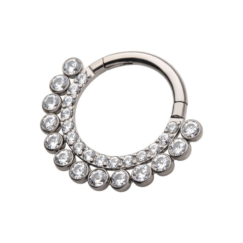 Hinged Ring Double Row Front Facing CZ w/ Beads | Titanium Clicker Segment Hoop Ring