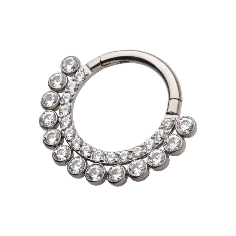 Hinged Ring Double Row Front Facing CZ w/ Beads | Titanium Clicker Segment Hoop Ring - Avanti Body Jewelry