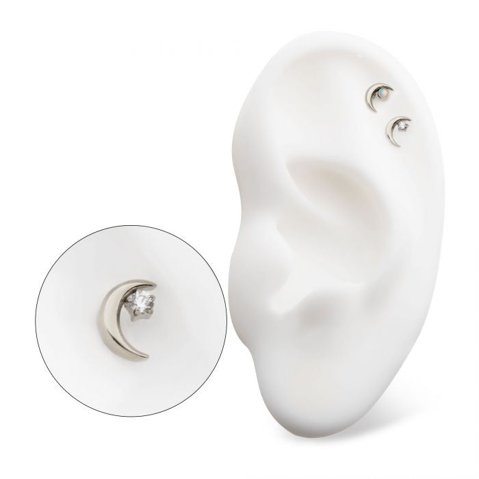 Crescent Moon CZ/Opal Top | 24K PVD Titanium Threadless Top  For Nose, Ears & Lip