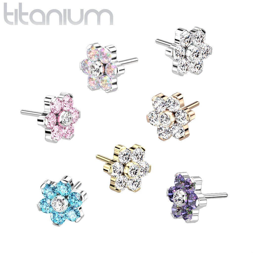 Flower w/ Gems | Titanium Threadless Top For Nose, Ears & Lip - Avanti Body Jewelry