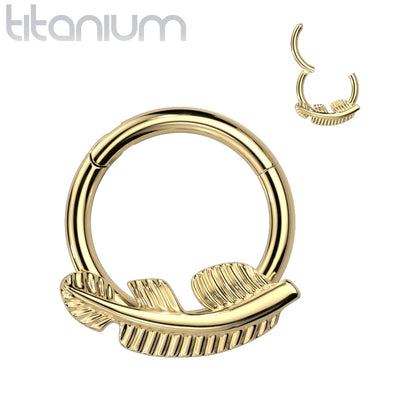 Hinged Ring w/ Feather | Titanium Clicker Segment Hoop Ring - Avanti Body Jewelry