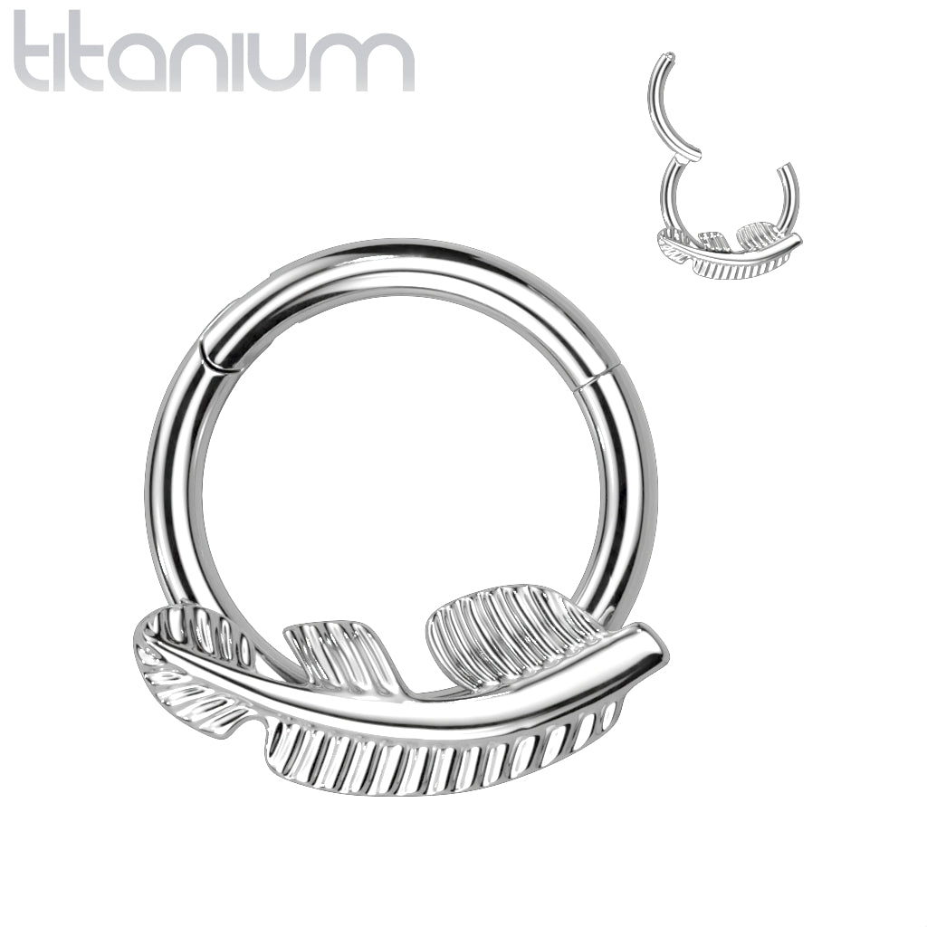 Hinged Ring w/ Feather | Titanium Clicker Segment Hoop Ring - Avanti Body Jewelry