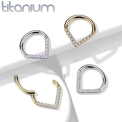 Hinged Ring Chevron Gem Front Facing | Titanium Clicker Segment Hoop Ring - Avanti Body Jewelry