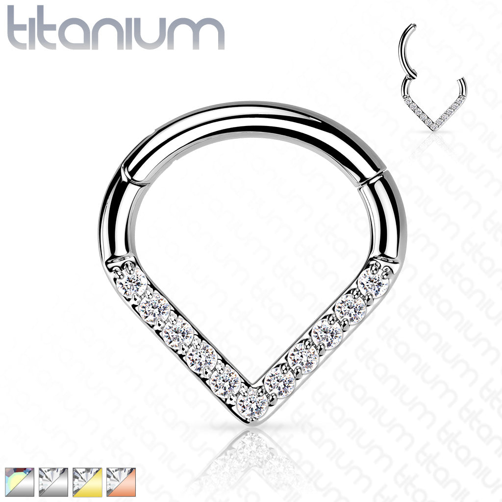 Hinged Ring Chevron Gem Front Facing | Titanium Clicker Segment Hoop Ring