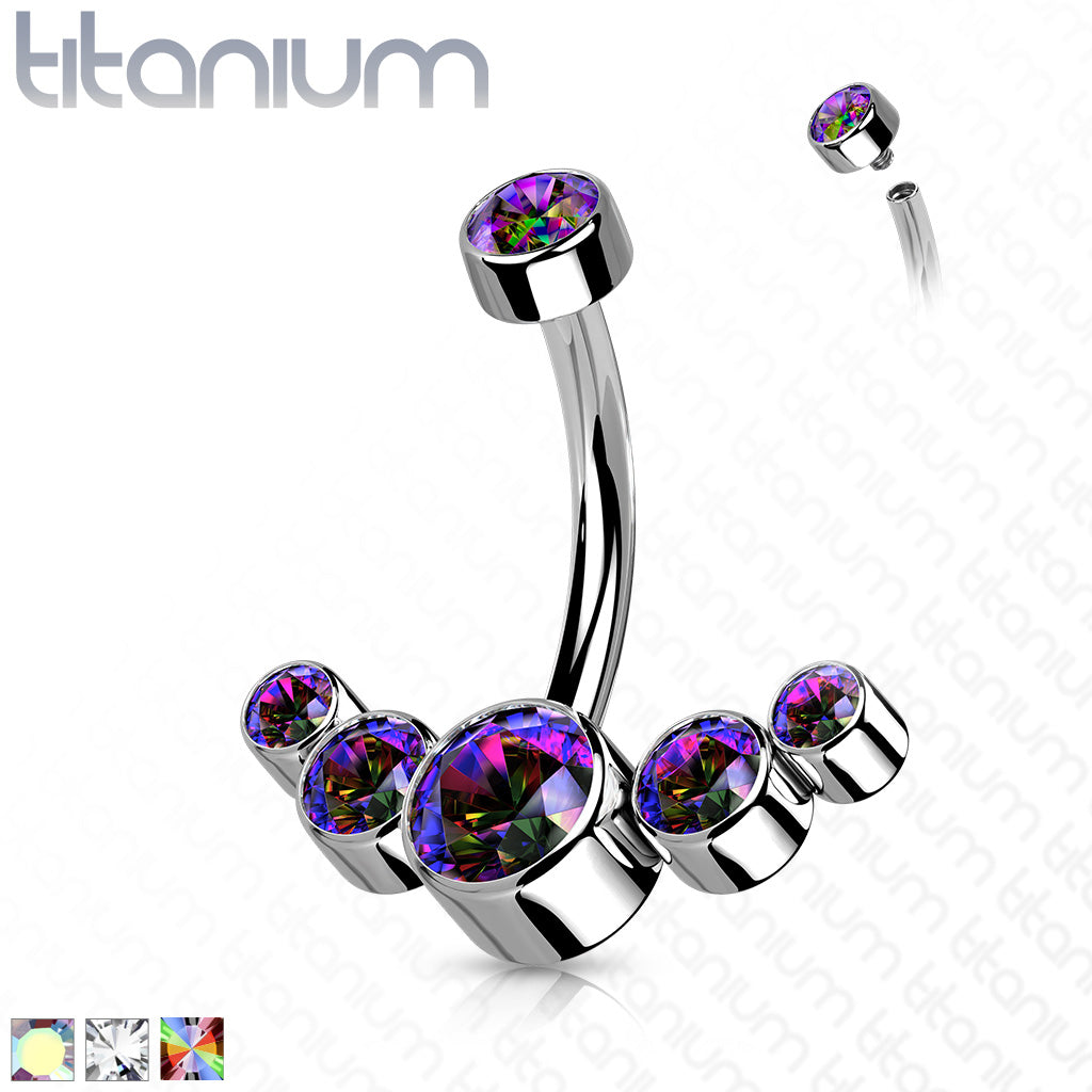 Titanium 5 Gem Curved Cluster Belly / Navel Ring