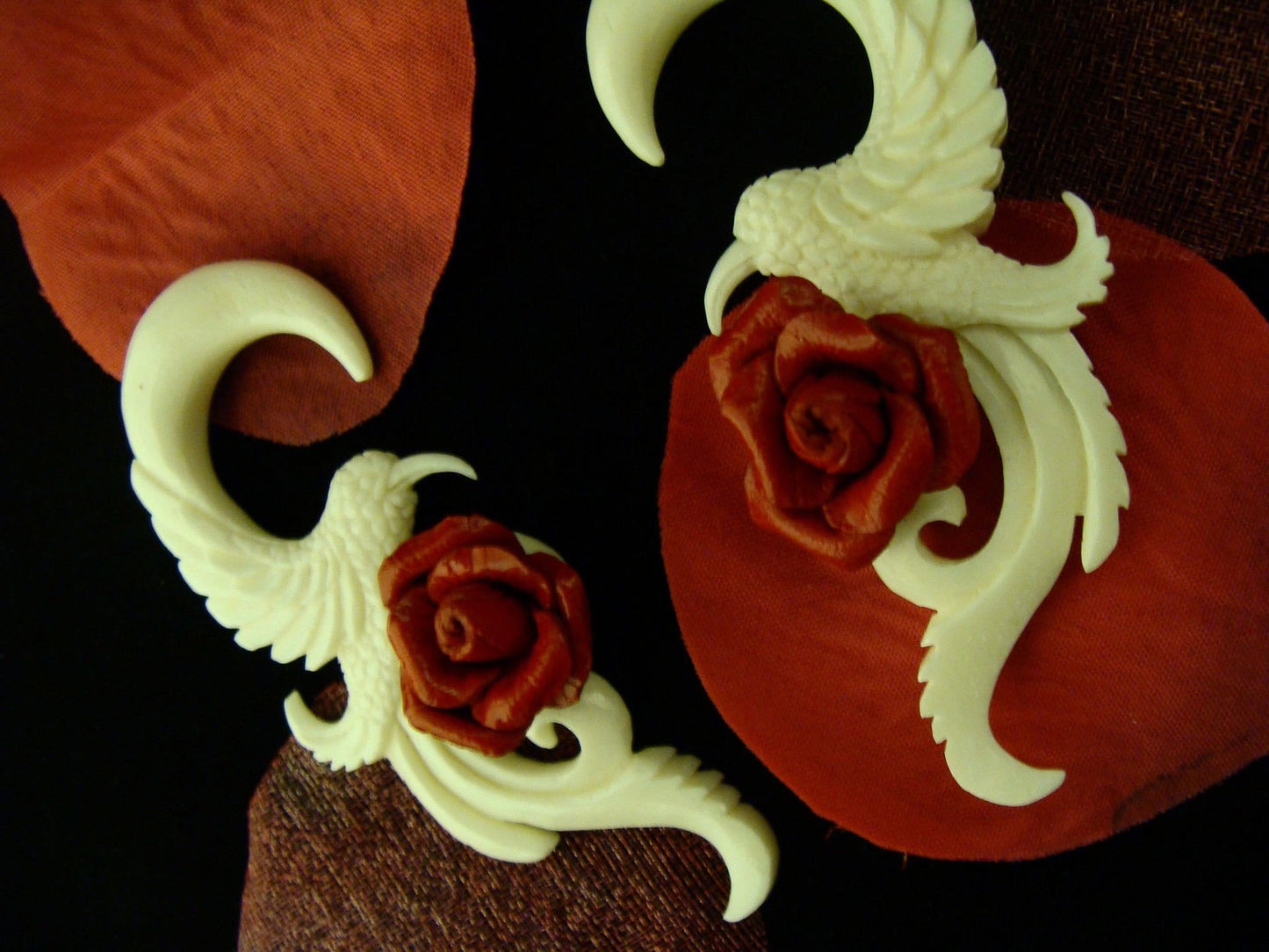 Carved Hummingbird Bone Hangers with Red Rose - Avanti Body Jewelry
 - 3