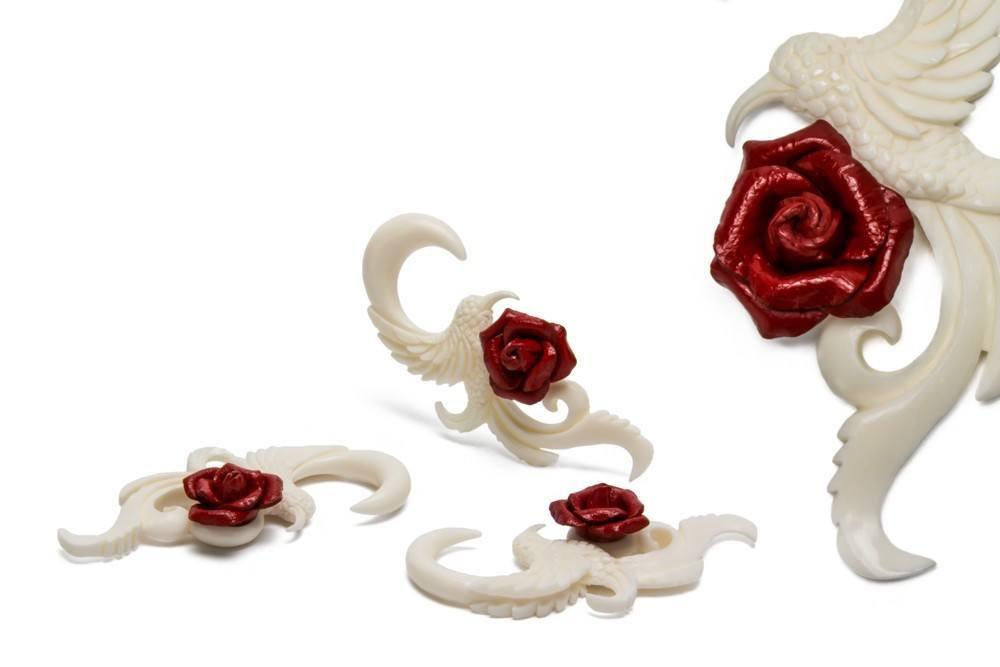 Carved Hummingbird Bone Hangers with Red Rose - Avanti Body Jewelry
 - 1