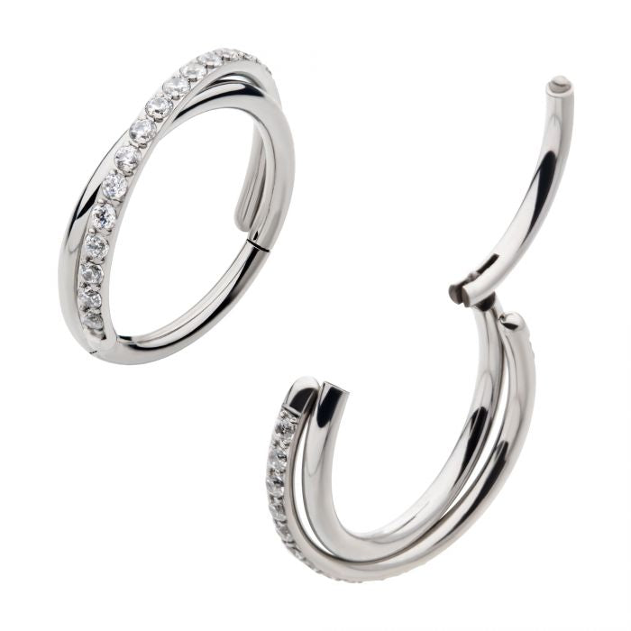 Hinged Ring w/ Crisscross Gem Side Facing | Titanium Clicker Segment Hoop Ring