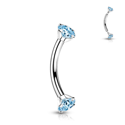 Implant Grade Titanium Internally Threaded Curved Barbell With Prong Set CZ Ends - Avanti Body Jewelry