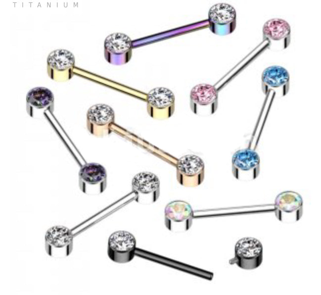 Titanium Internally Threaded Nipple Barbell With Bezel Set CZ Ends (Sold Individually)