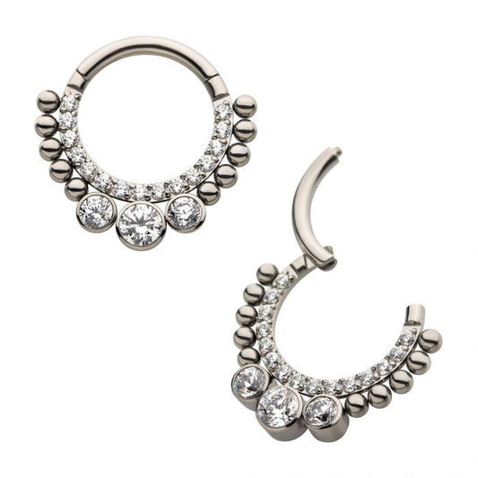 Hinged Ring 10-Beaded w/ Clear CZ | Titanium Clicker Segment Hoop Ring - Avanti Body Jewelry