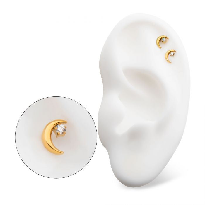 Crescent Moon CZ/Opal Top | 24K PVD Titanium Threadless Top  For Nose, Ears & Lip