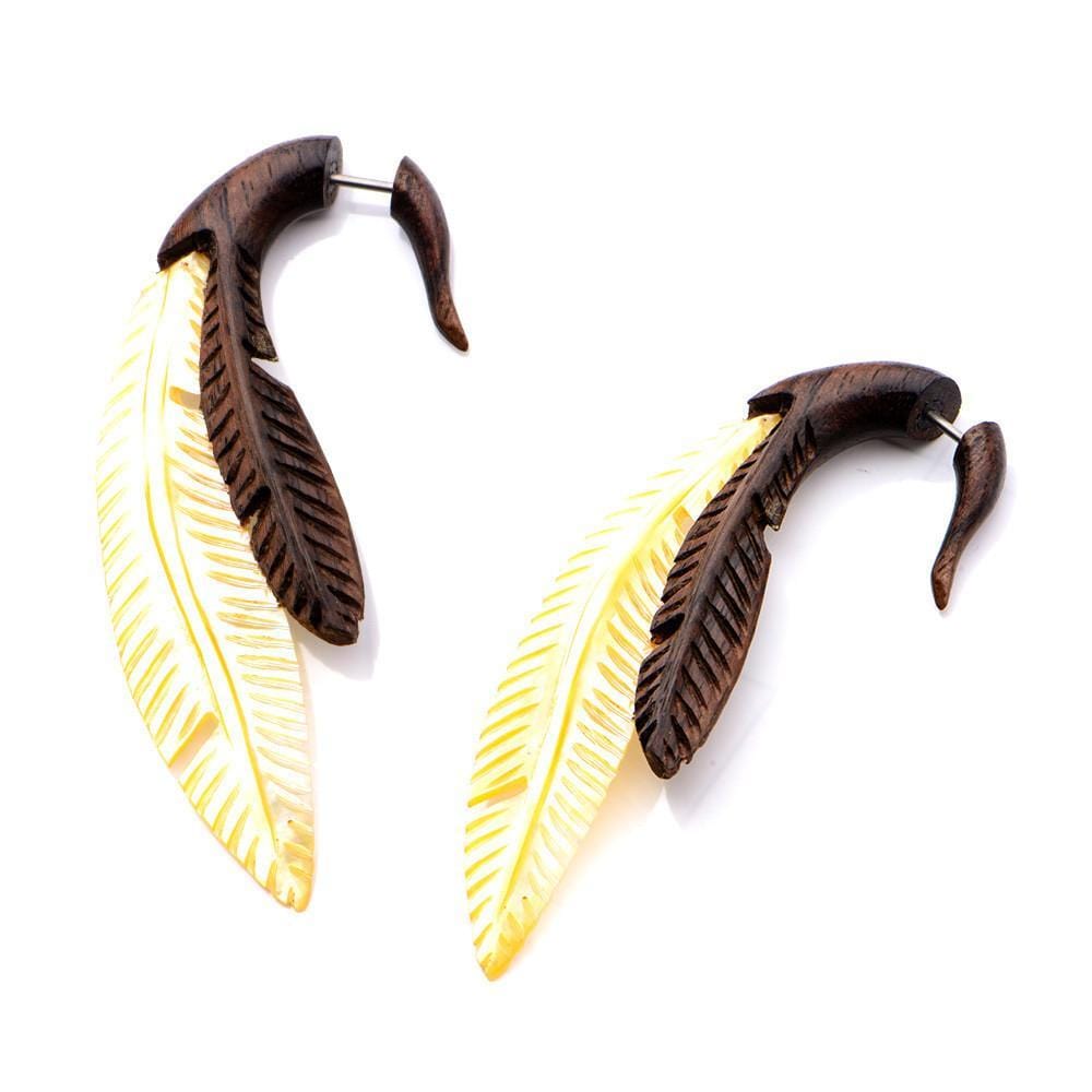 Hand Carved Wood & Mother of Pearl Feather Faux Hangers - Avanti Body Jewelry
